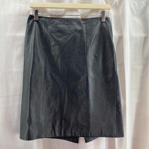 Talbots Petite Black 100% Leather Pencil Skirt 4P Knee Length Zip Back Slit Soft